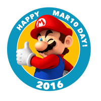 Artwork of Mario inside an emblem containing the text "HAPPY MAR10 DAY!" at the top and "2016" at the bottom. The image had to be set as a profile picture on Twitter in order to enter a sweepstake organized on Mario Day 2016.