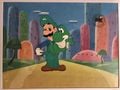 Unused animation cel of Luigi holding Baby Yoshi. (This would have been used when Luigi asked Baby Yoshi if he was hungry. He would reach into his pocket to get something to give to Baby Yoshi but he does not have anything to give him.)