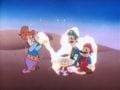 The genie empowers the Mario crew from "Mario's Magic Carpet"