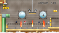 Hatless Mario running through the World 4-Airship in New Super Mario Bros. Wii