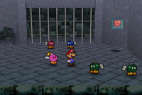 The imprisoned Bob-ombs in the basement of Koopa Bros. Fortress in Paper Mario