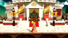 The outer front side of Museum (Princess Peach: Showtime!) in The Case of the Missing Mural in Princess Peach: Showtime!, showing Peach and Stella in special outfits, two police Theets and the Balloon Theet.