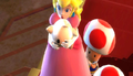 The Toads cowering behind Peach