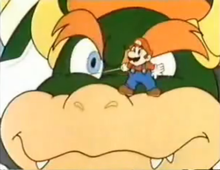 Mario standing on Bowser.