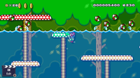 A forest level in the Super Mario World theme featuring rising and falling water with Blurps