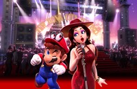 Super Mario Odyssey artwork of Mario, Pauline and Cappy in the New Donk City Festival.