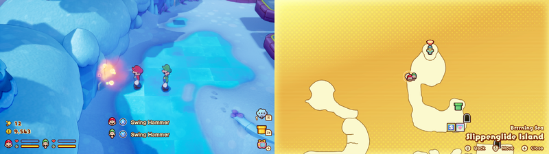 Mario and Luigi near a Sprite Bulb Nest on Slippenglide Island of Mario & Luigi: Brothership.