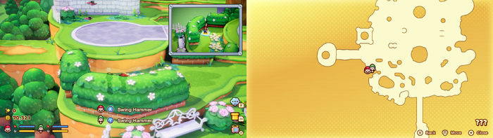 Mario and Luigi near a vent which is only seen on the Lakitu's camera containing 8 Coins in the illusionary Mushroom Kingdom area of Soli-Tree of Mario & Luigi: Brothership.