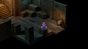 Mario finding 16 10-Coins in the fourth puzzle room of Sunken Ship of Super Mario RPG.