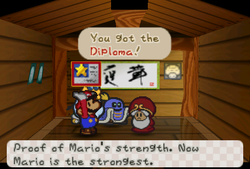 Mario receiveing a Diploma from Master in Toad Town of Paper Mario.