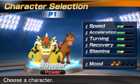 Bowser's stats in the horse racing portion of Mario Sports Superstars