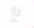 Unused animation sketch of Luigi holding Baby Yoshi. (Luigi is seen burnt in this cel; it is unknown what he fed Baby Yoshi, though it is possible it was a fire-based object that Yoshi spat up and hit Luigi.)