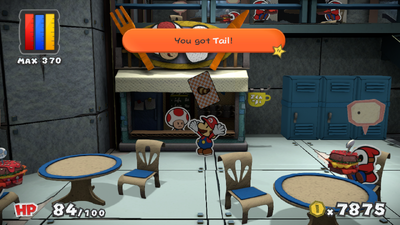 Mario being given 3 Tail Battle Cards from Prisma Café barista in Fort Cobalt of Paper Mario: Color Splash.