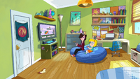 Hamster, Gretel and Fred playing a video game in Hamster & Gretel episode "Saturday Homecoming Fever". The video game depicts characters that resemble Bowser and Link.