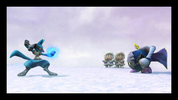 The Ice Climbers watch Meta Knight and Lucario fight