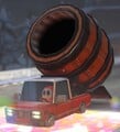 A truck carrying a Barrel Cannon in Mario Kart World