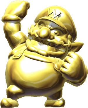 A golden statue of Wario from the ending of Step It Up in Mario Party 9