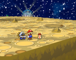 Mario after destroying the rock containing a Power Punch on the Moon of Paper Mario: The Thousand-Year Door.