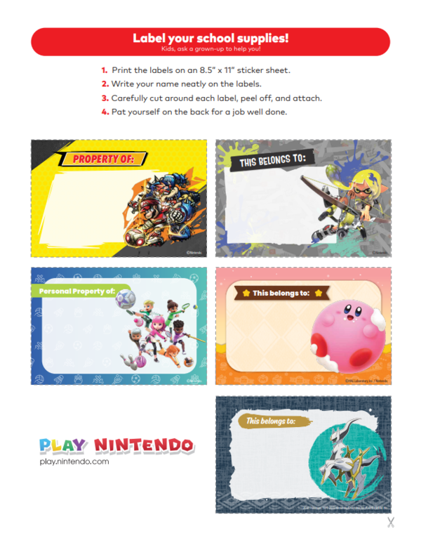 Printable sheet with labels themed after Nintendo Switch games, including Mario Strikers: Battle League