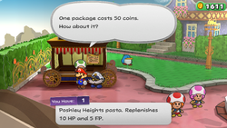 Mario getting a Fresh Pasta from the pasta cart in Poshley Heights of Paper Mario: The Thousand-Year Door for Nintendo Switch.