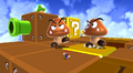 Two Giant Goombas walking towards Mario in an early screenshot of the Supermassive Galaxy. Note the giant 1-Up Mushroom and the big coin. The big coin is a platform in the final game rather than a collectible item as it appears in the picture above.