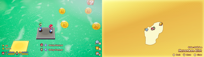 Mario and Luigi near 6 10-Coins on Shroonken Islet from Mario & Luigi: Brothership