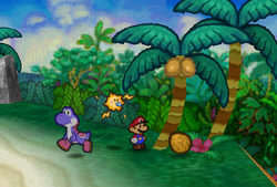 Mario finding Coconut in the last palm tree in the first scene of the Yoshi's Village of Paper Mario.