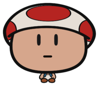 A Toad with a big head in Paper Mario: The Origami King