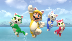 Cat Mario and some kittens strike victory poses in the ending cutscene of the Bowser's Fury campaign in Super Mario 3D World + Bowser's Fury