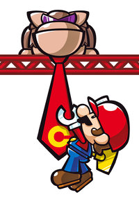 Mini Mario hanging onto Cool Kong's tie.