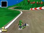 Yoshi driving up the mountain pass in an older, removed version of the course