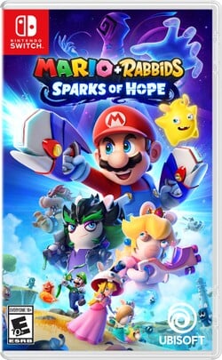 United States box art for Mario + Rabbids Sparks of Hope (standard release), featuring an English-only Entertainment Software Rating Board age rating symbol.