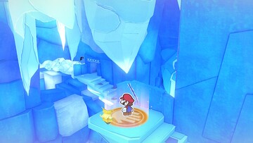 Mario preparing to use the 1,000-Fold Arms to break off a large icicle inside the Ice Vellumental Mountain.