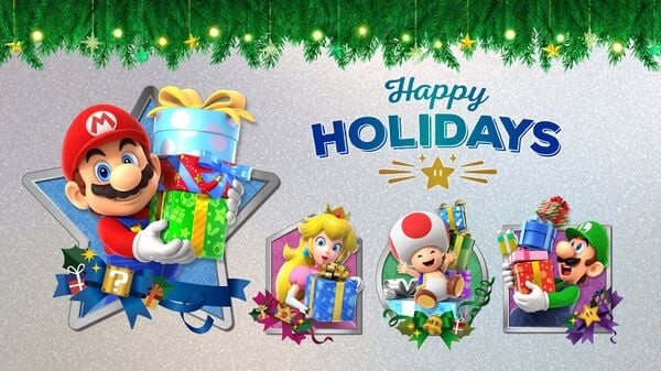 Picture of Mario, Princess Peach, Toad, and Luigi, shown when the player matches all cards in a holiday-themed Memory Match-up activity