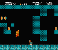 Mario jumping in World 1-2 in Super Mario Bros.'"`UNIQ--nowiki-00000000-QINU`"'s original Nintendo Entertainment System release