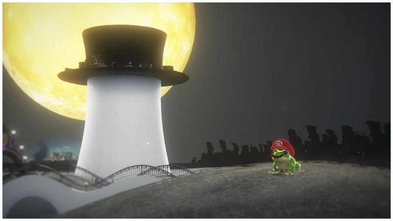 File:SMO Frog Mario and Top Hat Tower.jpg