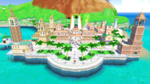 A screenshot of Delfino Plaza from Super Mario Sunshine.