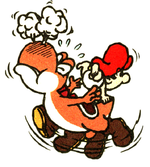 Artwork of an icon of an Orange Yoshi Flutter Jumping, from Super Mario World 2: Yoshi's Island