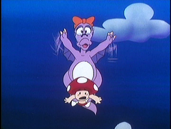 Scene where "Surfin' Bird" plays as the Giant Birdo takes Toad to her home.