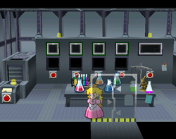 Princess Peach in front of the table with the potions in X-Naut Fortress of Paper Mario: The Thousand-Year Door.