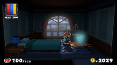 Mario near the revealed ghost in the Room 303 of Dark Bloo Inn of Paper Mario: Color Splash.