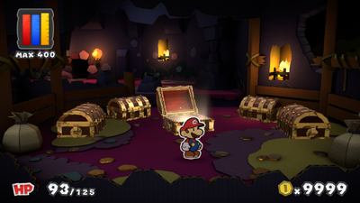 Mario near 3 Coins in Fortune Island of Paper Mario: Color Splash.