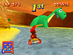 Diddy Kong looks at a green dinosaur in Fossil Canyon in Diddy Kong Racing DS.