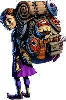 Artwork of the Happy Mask Salesman from The Legend of Zelda: Majora's Mask 3D. A mask of Mario is fastened to his backpack and prominently displayed towards the center of this illustration.