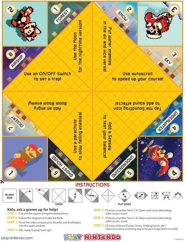 Printable sheet for a Super Mario Maker 2-themed paper fortune teller