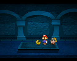 Mario near Moon Stone in the Shhwonk Fortress part of Petal Meadows of Paper Mario: The Thousand-Year Door.