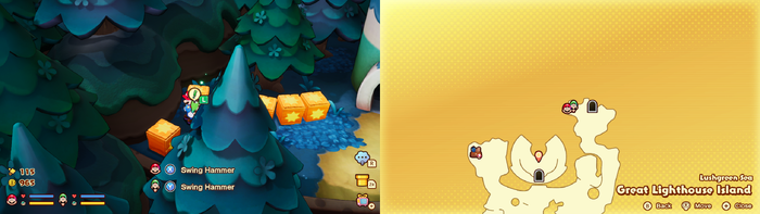 Mario and Luigi near wooden crates containing 3 Coins on Great Lighthouse Island of the Lushgreen Sea of Mario & Luigi: Brothership.