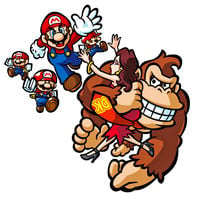 Concept artwork of Mario accompanied with three Mini Mario toys chasing Donkey Kong with the kidnapped Pauline, from Mario vs. Donkey Kong 2: March of the Minis