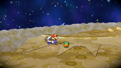 Mario after destroying the rock containing a Maple Syrup on the Moon of Paper Mario: The Thousand-Year Door for Nintendo Switch.