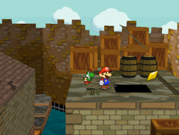 Mario getting the Star Piece under a hidden panel on the roof of the rightmost house in the east area of Rogueport in Paper Mario: The Thousand-Year Door.